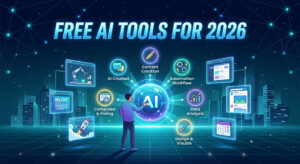 Futuristic illustration of free AI tools for 2026 showing productivity icons and automation workflows.